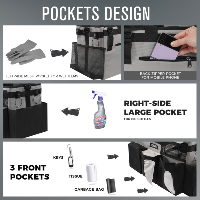 SCAVATA Wearable Cleaning Caddy Bag, Cleaning Caddy Supplies Organizer with Handle & Shoulder Straps for Housekeepers, Under Sink & Car Cleaning Tool Organizers with 4 Foldable Divider (Grey) - Image 2