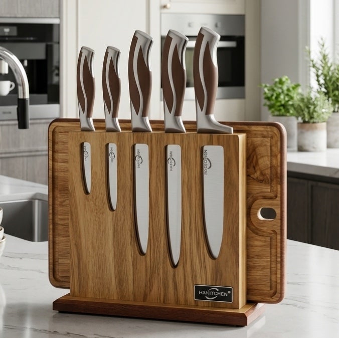 5-piece knife set with wooden stand and wooden cutting board