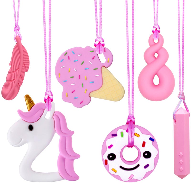 Olugu Sensory Chew Necklaces for Girls 6 Pack Autism Teething Necklace Chew Toys Sensory for Kids with ADHD or Special Need Silicone Chewable Necklaces Reduces Chewing Fidgeting for Children Adults Chewer
