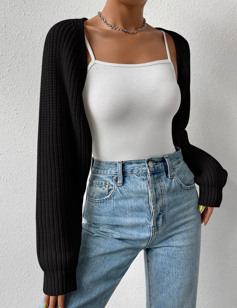 SECRETEYARD Women's Long Sleeve Open Front Knitted Crop Cardigan Drop Shoulder Knit Bolero Shrug Sweater Black - Image 3