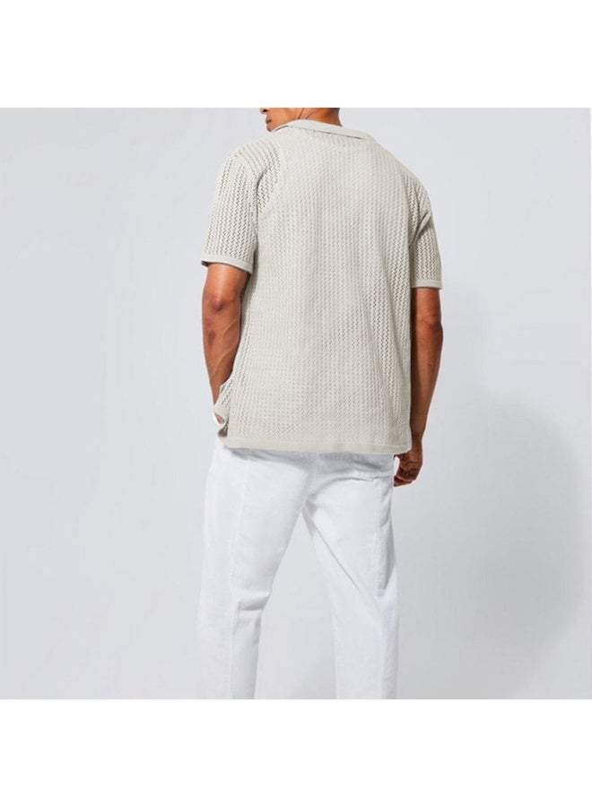 NIBEMINENT Men's Knitted Short Sleeve Shirt Summer Cool Hollow Out Cardigan Casual Lapel Tops Solid All-match Knit T-shirt Male - Image 2