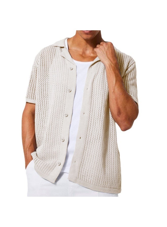 NIBEMINENT Men's Knitted Short Sleeve Shirt Summer Cool Hollow Out Cardigan Casual Lapel Tops Solid All-match Knit T-shirt Male - Image 1