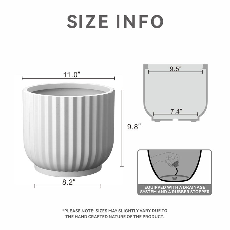 Kante Round Fulted Planter, 14 Inch Dia Large Concrete Plant Pots with Drainage Hole and Rubber Plug, Modern Decor for Indoor Outdoor Plants, Flower, White - Image 2