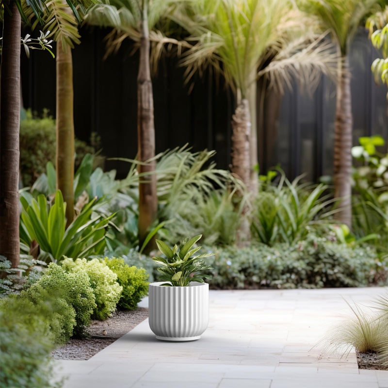 Kante Round Fulted Planter, 14 Inch Dia Large Concrete Plant Pots with Drainage Hole and Rubber Plug, Modern Decor for Indoor Outdoor Plants, Flower, White - Image 5