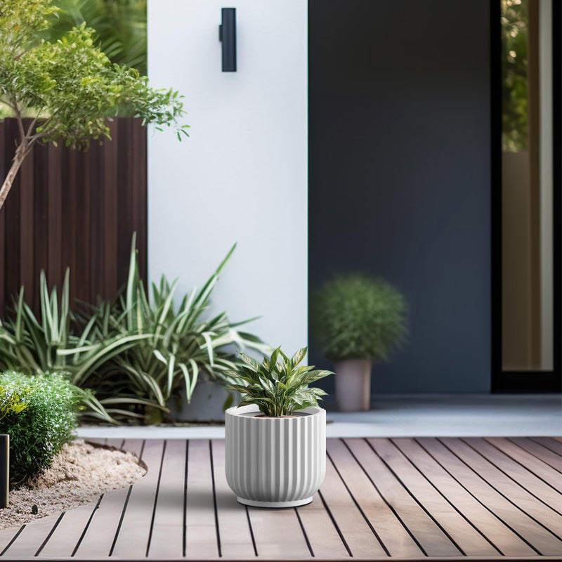 Kante Round Fulted Planter, 14 Inch Dia Large Concrete Plant Pots with Drainage Hole and Rubber Plug, Modern Decor for Indoor Outdoor Plants, Flower, White - Image 4