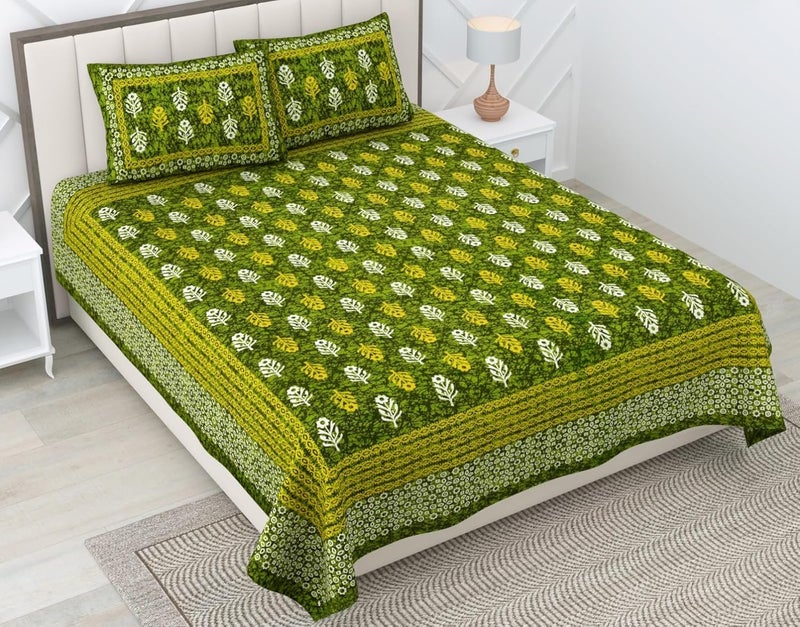 RajasthaniKart راجستاني كارت® شراشف سرير مزدوج 100% قطن مع 2 غطاء وسادة (شراشف سرير مزدوج قطن، أخضر صغير بوتي جايبوري، حجم كينغ، 5300) - Image 1