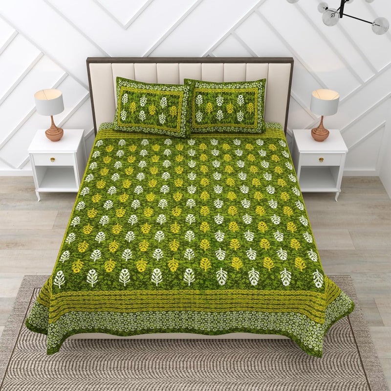 RajasthaniKart راجستاني كارت® شراشف سرير مزدوج 100% قطن مع 2 غطاء وسادة (شراشف سرير مزدوج قطن، أخضر صغير بوتي جايبوري، حجم كينغ، 5300) - Image 2