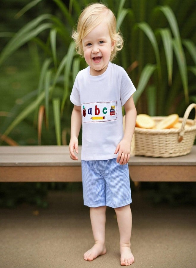 wybzd Toddler Baby Boy Girl Back To School Outfits First Day of Preschool T-Shirt Top Gingham Shorts Sets Kindergarten Outfit (Blue&white, 18-24 Months) - Image 3