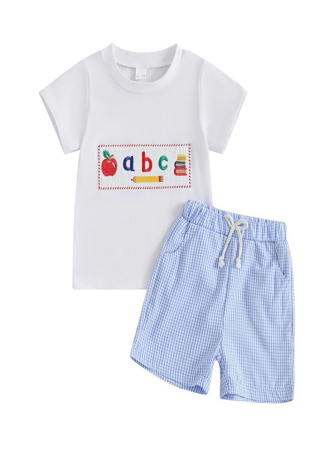 wybzd Toddler Baby Boy Girl Back To School Outfits First Day of Preschool T-Shirt Top Gingham Shorts Sets Kindergarten Outfit (Blue&white, 18-24 Months) - Image 1