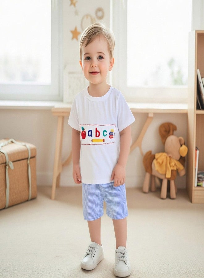 wybzd Toddler Baby Boy Girl Back To School Outfits First Day of Preschool T-Shirt Top Gingham Shorts Sets Kindergarten Outfit (Blue&white, 18-24 Months) - Image 2