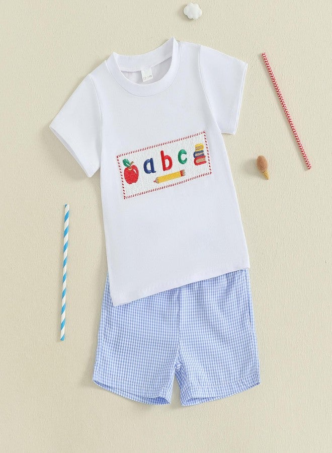 wybzd Toddler Baby Boy Girl Back To School Outfits First Day of Preschool T-Shirt Top Gingham Shorts Sets Kindergarten Outfit (Blue&white, 18-24 Months) - Image 4