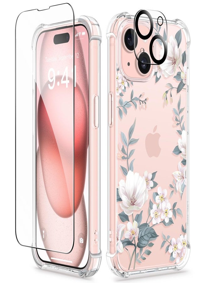 GVIEWIN Compatible with iPhone 15 Case 6.1" 2023, with Screen Protectors+Camera Lens Protectors, Non-yellow Flower Clear TPU Slim Bumper Shockproof Anti-Scratch Protective Cover, Magnolia/White - Image 1