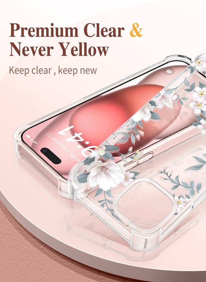 GVIEWIN Compatible with iPhone 15 Case 6.1" 2023, with Screen Protectors+Camera Lens Protectors, Non-yellow Flower Clear TPU Slim Bumper Shockproof Anti-Scratch Protective Cover, Magnolia/White - Image 3