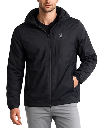 Spyder Mens Windbreaker Jacket - Lightweight Insulated Water-Resistant Active Zip Up Hooded Windbreaker Jackets for Men, Size Small, Black - Image 1
