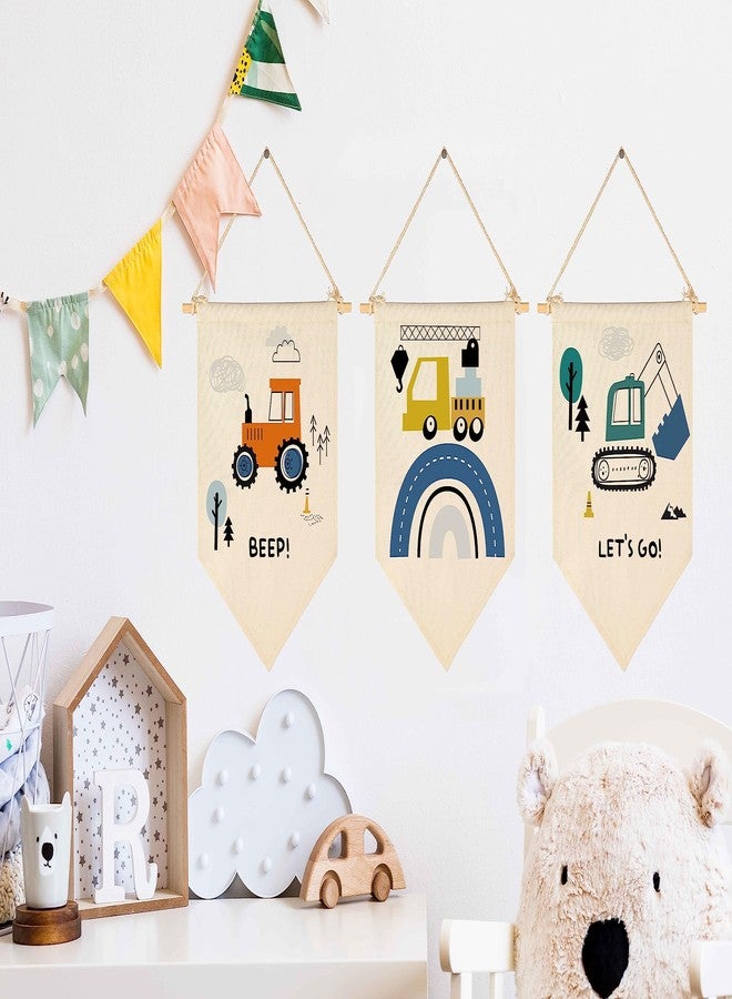GEANHIL Transport,Construction,Vehicle Construction,Truck Nursery Decor-Flag Decor Gift for Baby Boys Newborn Kids-Banner Pennant Wall Sign Gift for Nursery Baby Room Playroom Bedroom -Set of 3 - Image 2
