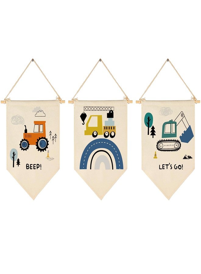 GEANHIL Transport,Construction,Vehicle Construction,Truck Nursery Decor-Flag Decor Gift for Baby Boys Newborn Kids-Banner Pennant Wall Sign Gift for Nursery Baby Room Playroom Bedroom -Set of 3 - Image 1
