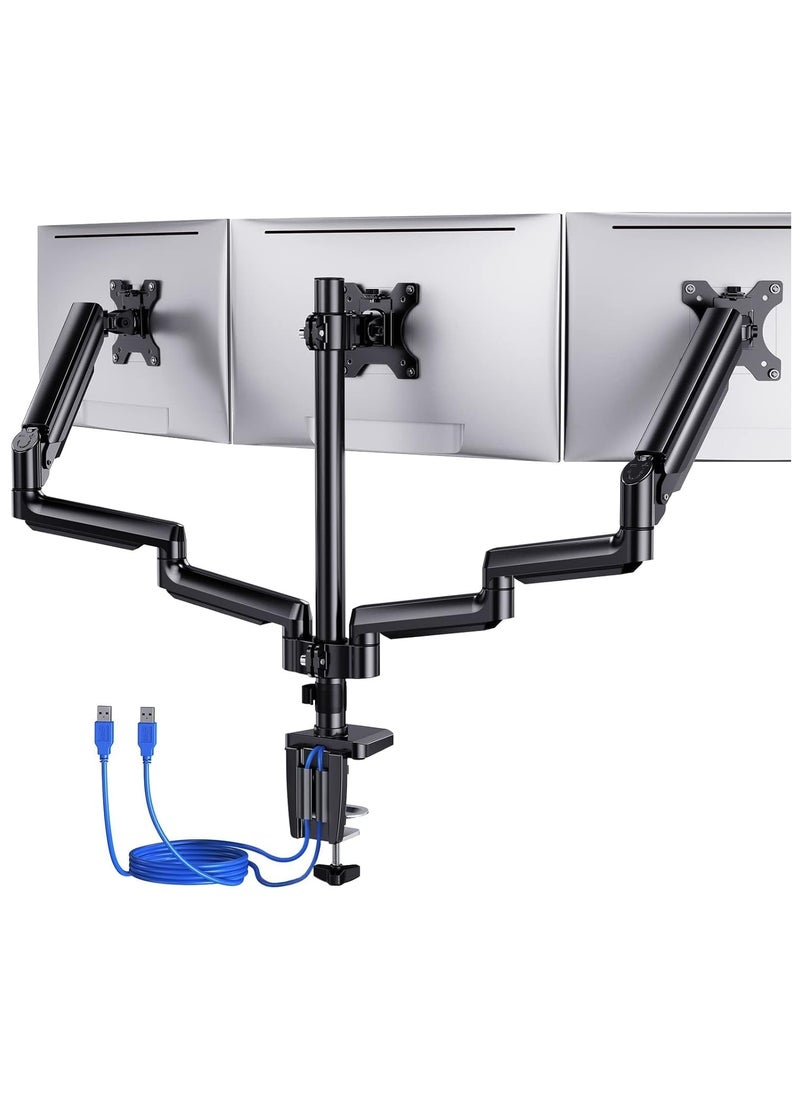 ELTRAZONE 3 Monitor Desk Mount – Gas Spring Triple Arm Monitor Stand with USB, Supports 13-27 Inch Screens, Each Arm Holds Up to 17.6 lbs, VESA 75x75 & 100x100, Heavy Duty, Durable  - Image 1