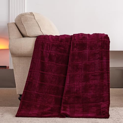 KORBLISS Super Soft Flannel Throw Blanket 50x60 Inches, Premium Checkered Jacquaed Silky Fleece Lightweight Bed Blanket All Season Use, Burgundy Strip, 50"x60" - Image 2