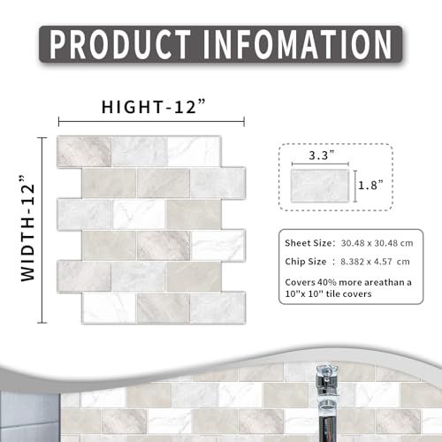 BSABSAQAA 10 Sheets Peel and Stick Backsplash for Kitchen 12"X12" Renter Friendly Backsplash Back Splash Adhesive Subway Wall for Bathroom Tile Sticker Off-White Marble （Not 3D Tile - Image 2