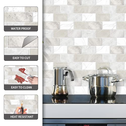 BSABSAQAA 10 Sheets Peel and Stick Backsplash for Kitchen 12"X12" Renter Friendly Backsplash Back Splash Adhesive Subway Wall for Bathroom Tile Sticker Off-White Marble （Not 3D Tile - Image 5