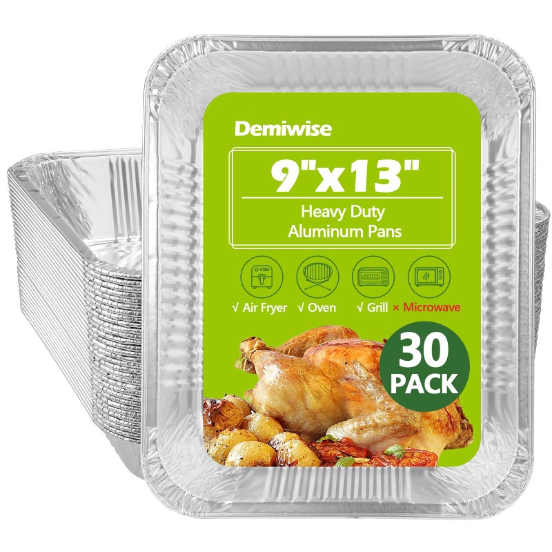 Demiwise Thickened 30 Pack Heavy Duty Aluminum Pans, 9x13 Aluminum Foil Pans Disposable, Half Size Steam Table Foil Baking Tray for Cooking, Baking, Roasting & Chafing, Carton Packaging - Image 1
