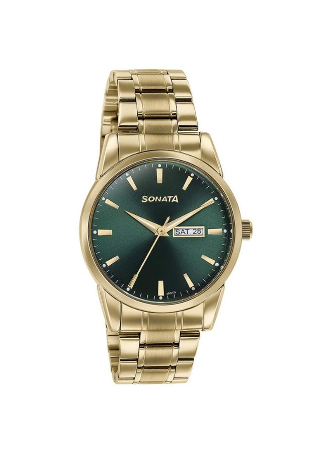 Sonata ساعة يد للرجال 77147YM02 - قرص متعدد الوظائف باللون الأخضر، حزام من الفولاذ المقاوم للصدأ الذهبي، حركة كوارتز، مقاومة للماء حتى 30 م - Image 2