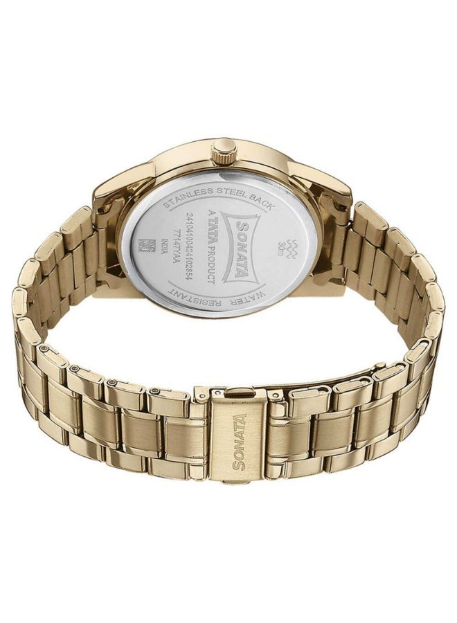 Sonata ساعة يد للرجال 77147YM02 - قرص متعدد الوظائف باللون الأخضر، حزام من الفولاذ المقاوم للصدأ الذهبي، حركة كوارتز، مقاومة للماء حتى 30 م - Image 4