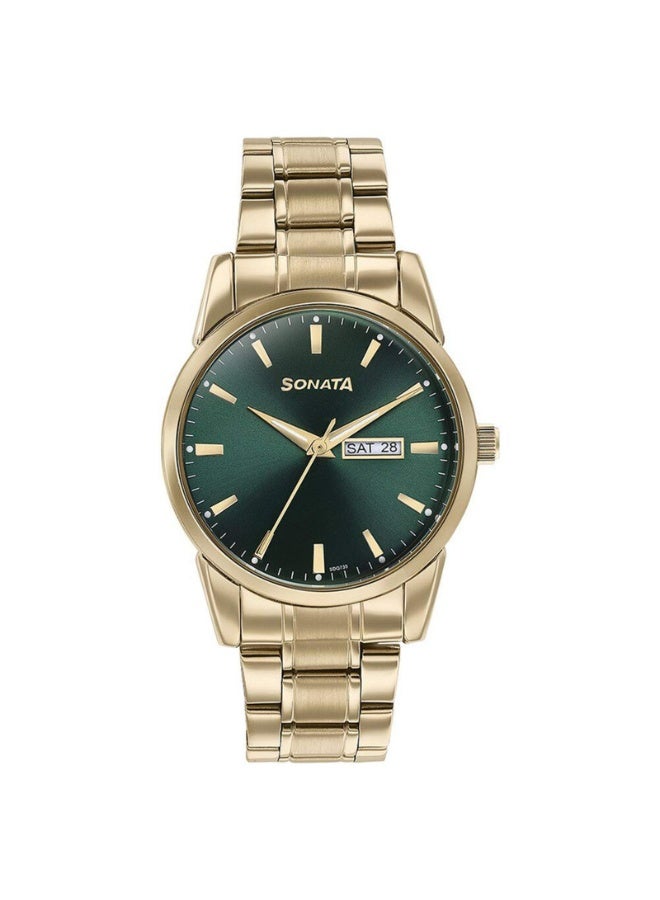 Sonata ساعة يد للرجال 77147YM02 - قرص متعدد الوظائف باللون الأخضر، حزام من الفولاذ المقاوم للصدأ الذهبي، حركة كوارتز، مقاومة للماء حتى 30 م - Image 1