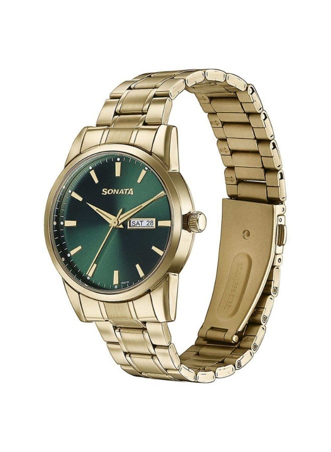 Sonata ساعة يد للرجال 77147YM02 - قرص متعدد الوظائف باللون الأخضر، حزام من الفولاذ المقاوم للصدأ الذهبي، حركة كوارتز، مقاومة للماء حتى 30 م - Image 3