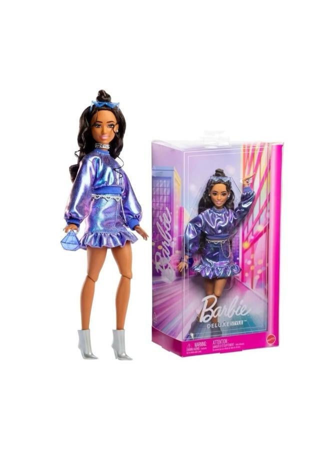 Mattel Barbie Deluxe Style Fashion Doll In Metallic Blue Top And Skirt With Accessories, Brunette