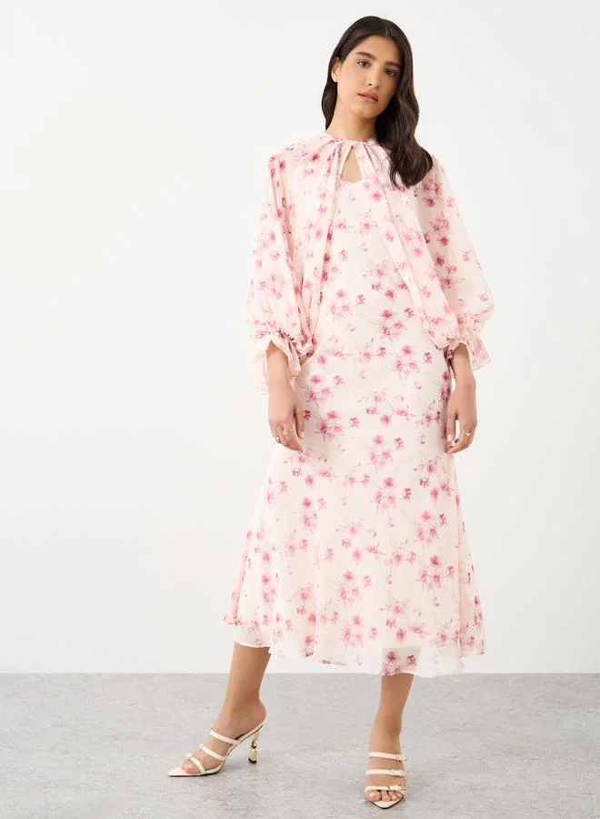 Take Two Take Two Floral Print Balloon Cape Sleeves Midi Dress