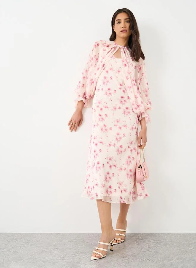 Take Two Take Two Floral Print Balloon Cape Sleeves Midi Dress