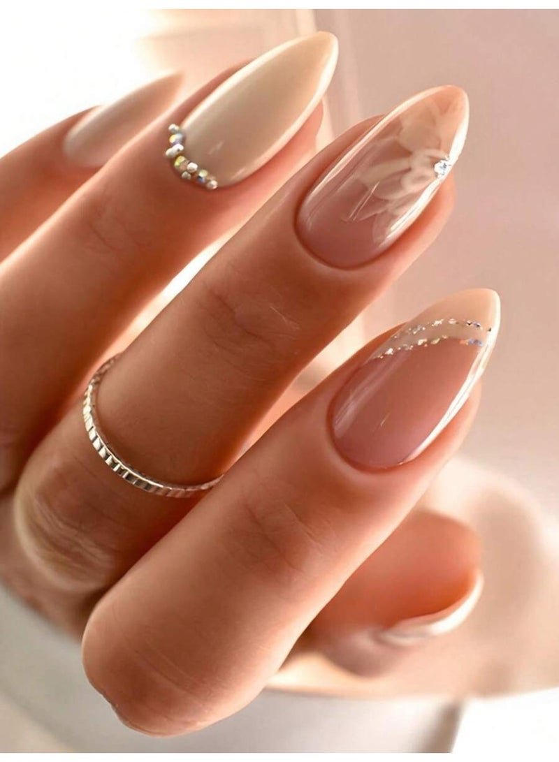 24PCS Nude Glossy Almond Press-On Nails – Elegant Beige False Nails with Rhinestone & Minimal Design, Natural Full Cover Reusable Stick-On Nails for Women - Image 1