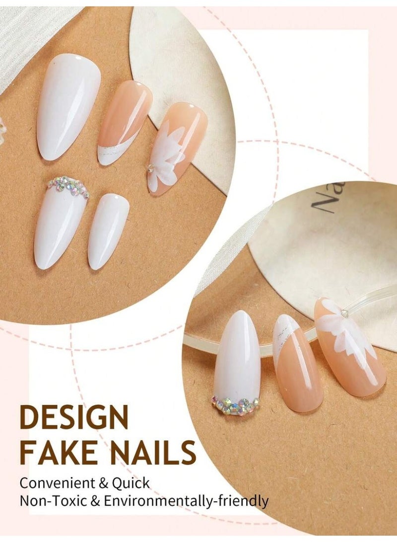 24PCS Nude Glossy Almond Press-On Nails – Elegant Beige False Nails with Rhinestone & Minimal Design, Natural Full Cover Reusable Stick-On Nails for Women - Image 3