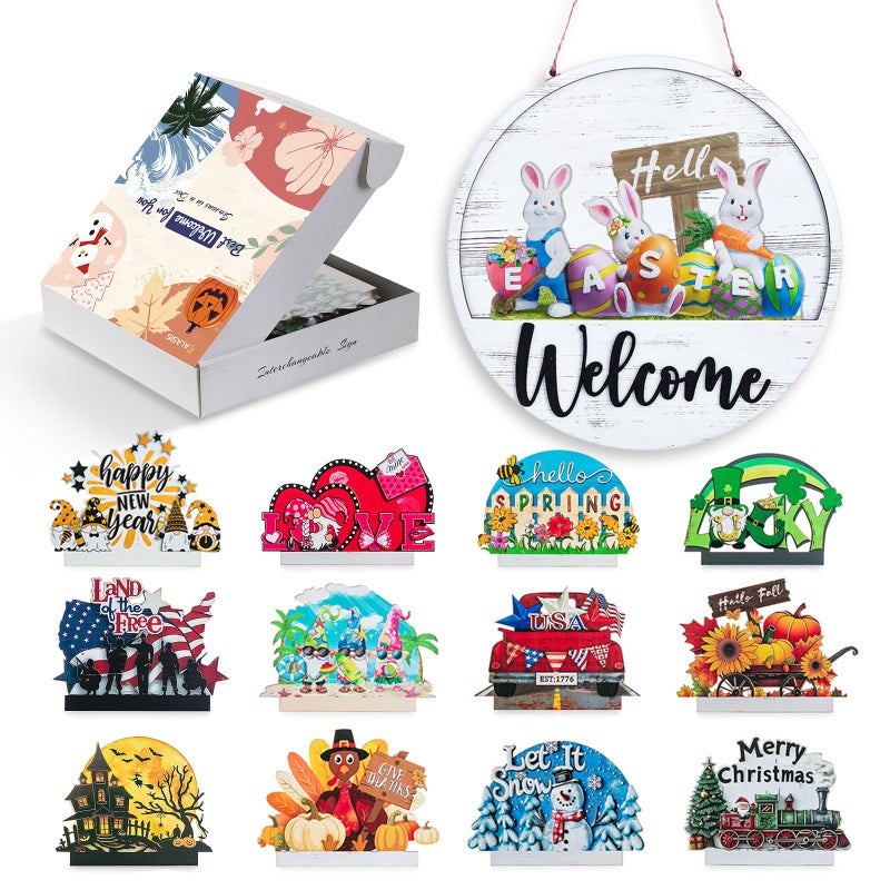 Walasis Welcome Sign for Front Door: 13pcs Interchangeable Spring Decor for Easter Outdoor Entrance - Housewarming Gifts for New Home Seasonal Wreaths Outdoor Holiday All Season Decorations - Image 1