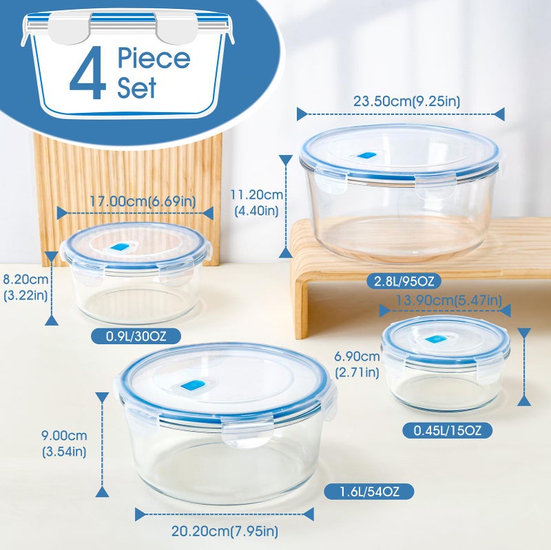 NUTRIUPS 15/30/54/95oz Round Large Glass Food Storage Containers with Lids,Glass Bowl & Meal Prep Containers with Lids,4-Piece Set - Image 2