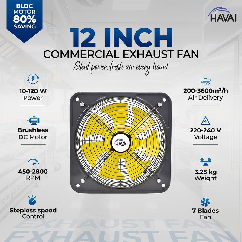 HAVAI BLDC Exhaust Fan Power 10W 120W Speed 4502800 RPM Air Volume 2003600 MH 1Year Warranty Stepless Speed Control Metal Frame Included Soundless 12Inch BladeYellow - Image 2