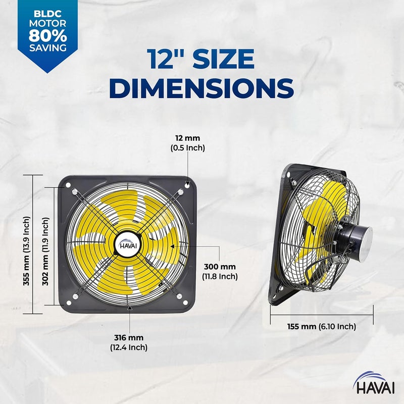 HAVAI BLDC Exhaust Fan Power 10W 120W Speed 4502800 RPM Air Volume 2003600 MH 1Year Warranty Stepless Speed Control Metal Frame Included Soundless 12Inch BladeYellow - Image 4