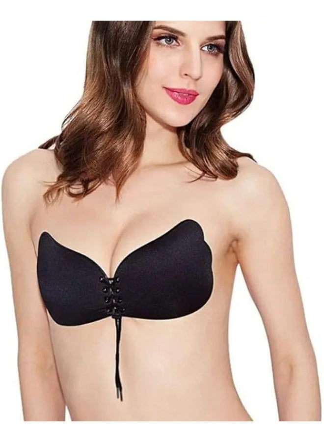 Silicone Adhesive Bra With Adjustable Drawstring For Women And Girls - Push up Strapless Backless Silicone/Fabric Invisible Bra for Women Reusable (Size: C) (Black) - Image 3