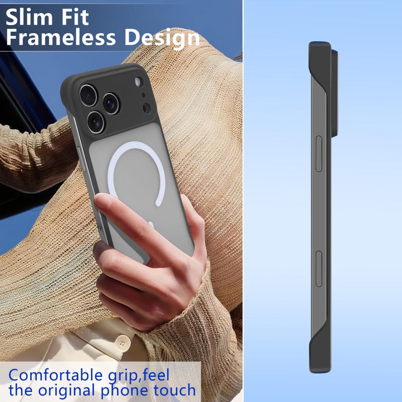 Omio Magnetic Slim Case for iPhone 17 Pro Max Compatible with MagSafe, Clear Matte Ultra-Thin Bumper Frameless Borderless Design with Finger Loop Full Camera Protection for Women Men, Black - Image 2