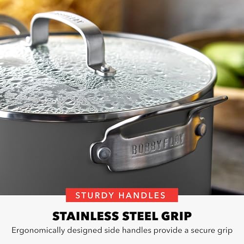 Greenpan وعاء ستوك 6QT من جرين بان بالتعاون مع بوبي فلي، مع غطاء زجاجي، خالي من PFAS، وعاء سيراميك غير لاصق مع جزيئات الماس، مناسب للحرارة، سهل التنظيف، آمن في غسالة الصحون والفرن، تسخين سريع، للمكرونة، الحساء، جرافيت - Image 5