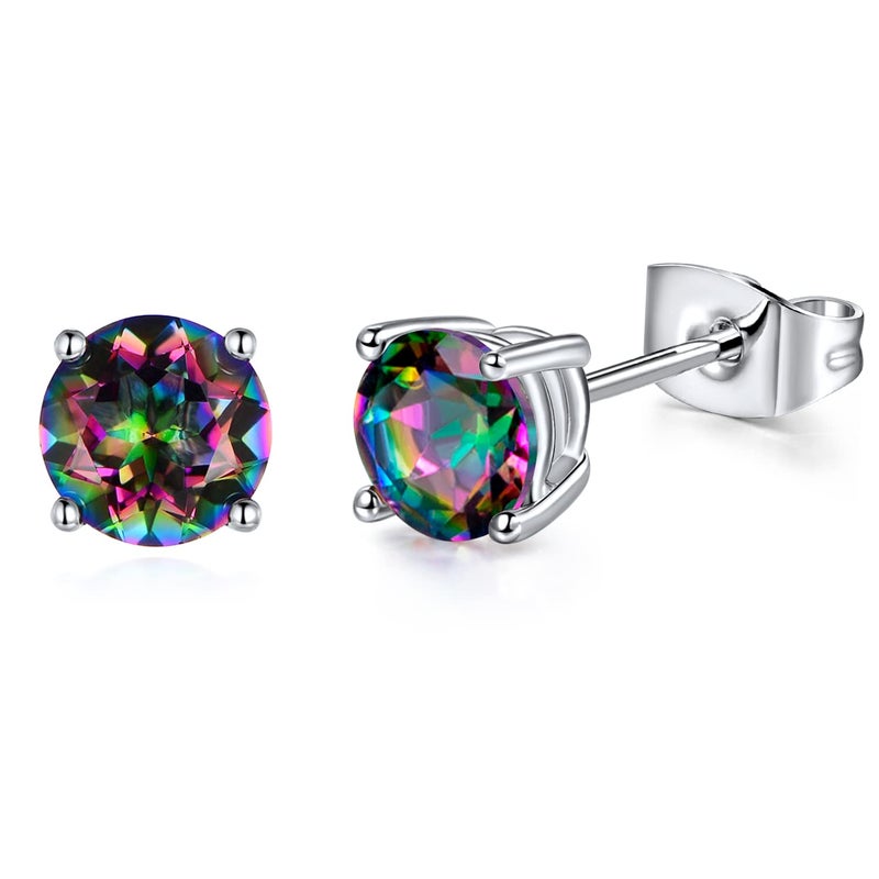 VOLUKA Created Rainbow Quartz Mystic Topaz 4mm Round Small Studs Ear Piercings Earrings 18K White Gold Plated CZ Stud Earingings Women Mens - Image 1