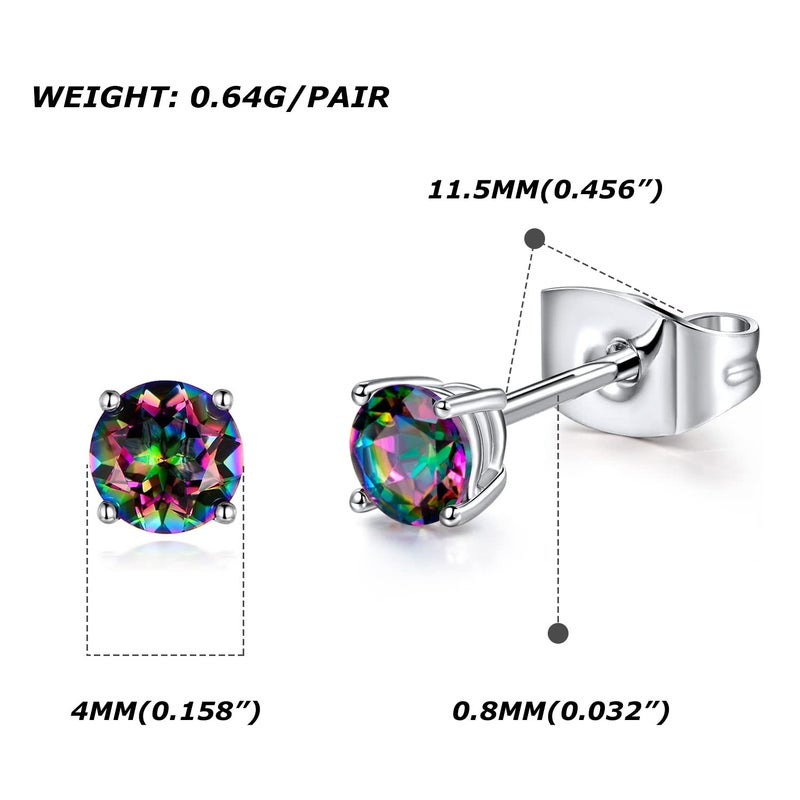 VOLUKA Created Rainbow Quartz Mystic Topaz 4mm Round Small Studs Ear Piercings Earrings 18K White Gold Plated CZ Stud Earingings Women Mens - Image 4