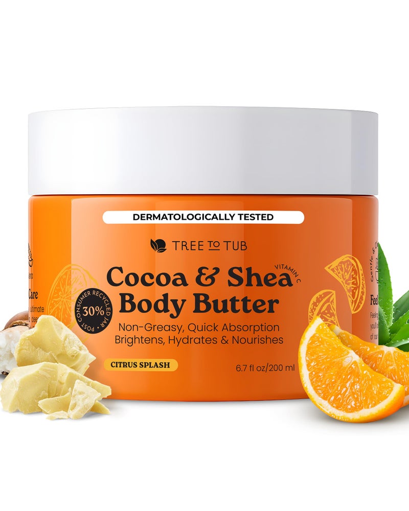 Tree to Tub Shea Body Butter for Dry, Extremely Dry, Sensitive Skin - Moisturizing Body Cream for Women & Men, Hydrating Body Lotion Moisturizer w/Vitamin C, Organic Cocoa, Citrus Scent - Image 1