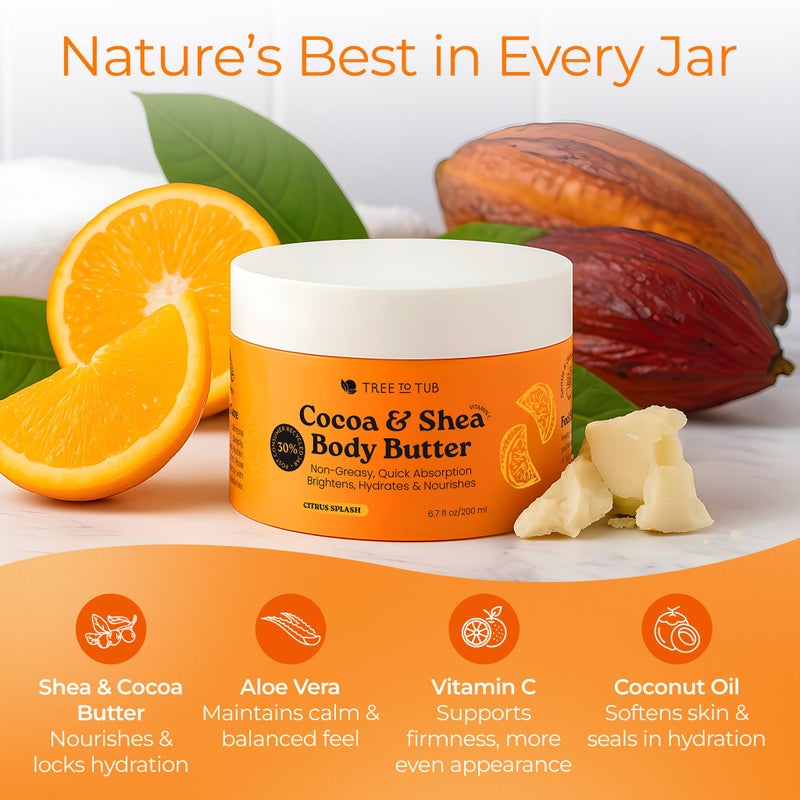 Tree to Tub Shea Body Butter for Dry, Extremely Dry, Sensitive Skin - Moisturizing Body Cream for Women & Men, Hydrating Body Lotion Moisturizer w/Vitamin C, Organic Cocoa, Citrus Scent - Image 5