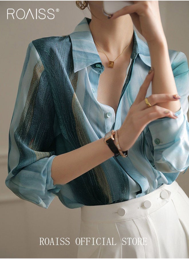 roaiss Women Printed Shirt Loose Fit with Gradient Color Design Fashionable and Versatile Women Stand Collar Business Casual Shirt  - Image 2