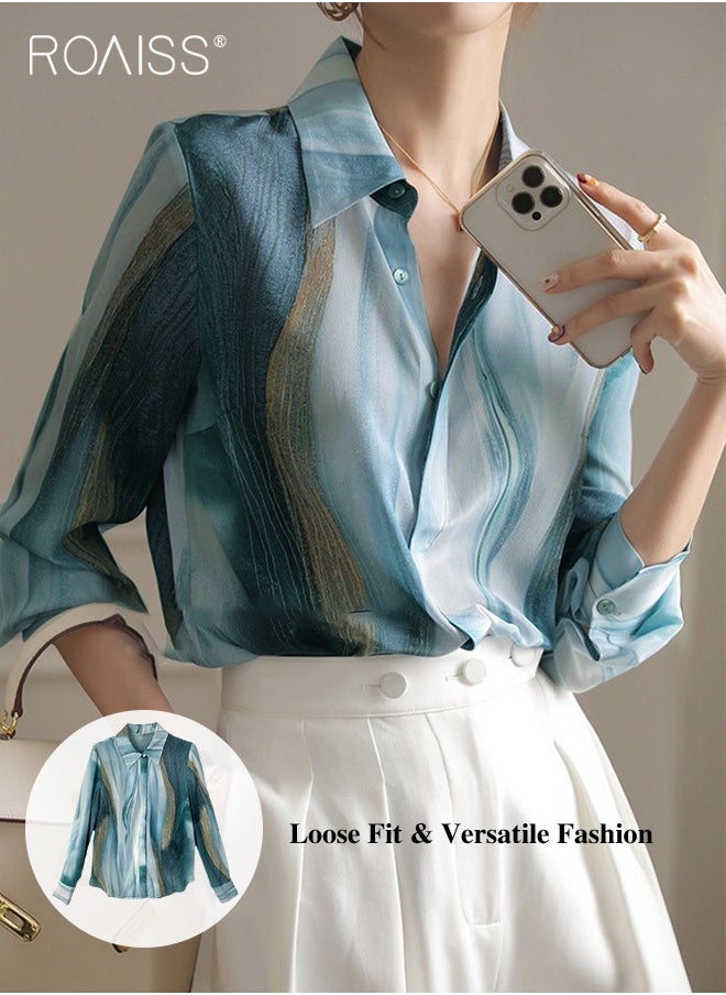 roaiss Women Printed Shirt Loose Fit with Gradient Color Design Fashionable and Versatile Women Stand Collar Business Casual Shirt  - Image 1