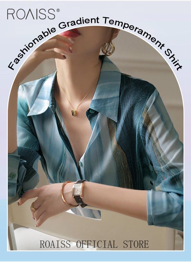 roaiss Women Printed Shirt Loose Fit with Gradient Color Design Fashionable and Versatile Women Stand Collar Business Casual Shirt  - Image 5