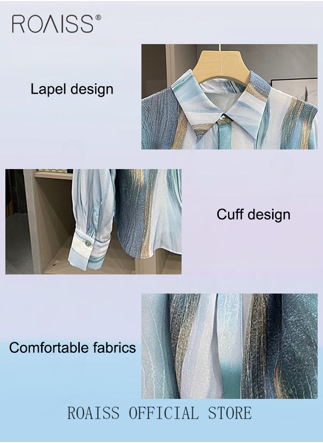 roaiss - Women Printed Shirt Loose Fit with Gradient Color Design Fashionable and Versatile Women Stand Collar Business Casual Shirt - Image 1