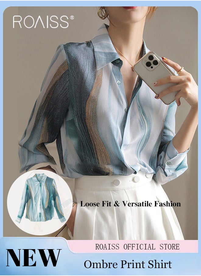 roaiss - Women Printed Shirt Loose Fit with Gradient Color Design Fashionable and Versatile Women Stand Collar Business Casual Shirt - Image 1